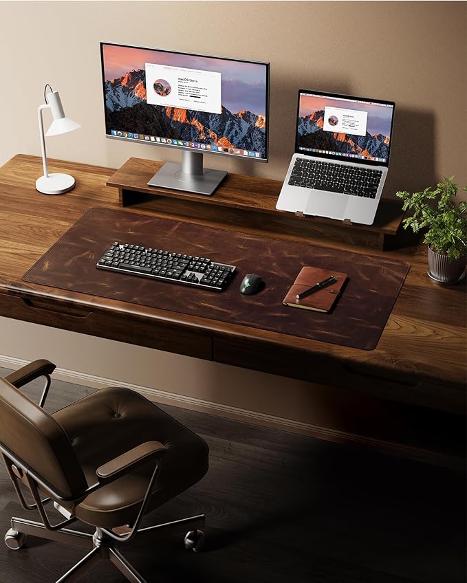 YSAGi Leather Desk Mat, 31.5"x15.8"Real Leather Desk Pad,2mm Thick Desk Blotter with Stiched line,Oil-Wax Feel Mouse pad and Self-Healing Laptop Pad for Home & Office(Classic Dark Brown)