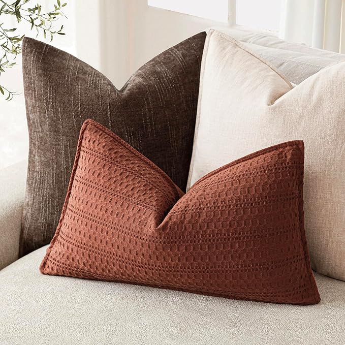 Foindtower Set of 2 Decorative Cotton Waffle Weave Lumbar Throw Pillow Covers Euro Shams Cushion Covers Accent Pillowcase for Bed Couch Sofa Bedroom Living Room Home Decor 12×20 Inch Fall Rust Orange