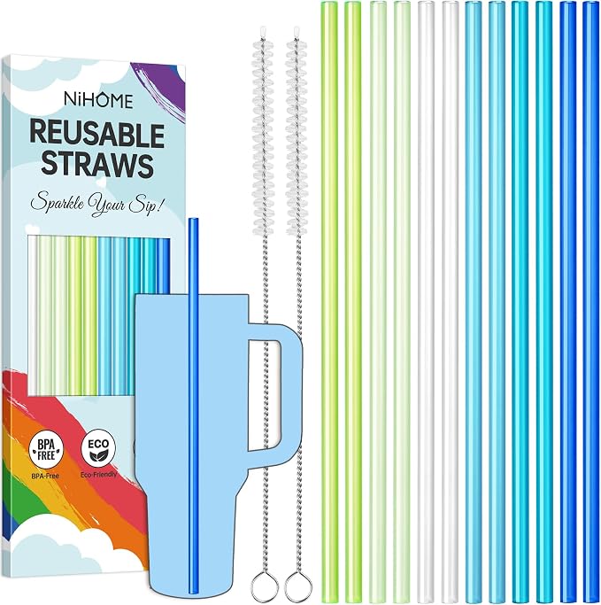 NiHome 12-Pack Plastic Reusable Drinking Straws Fit for Stanley 40 oz 30oz 64 oz Tumbler, 6 Color 12 In Reusable Straws Fit for Stanley Cups, 2 Brushes, BPA-Free for Cold & Hot Drinks (Gradient Blue)