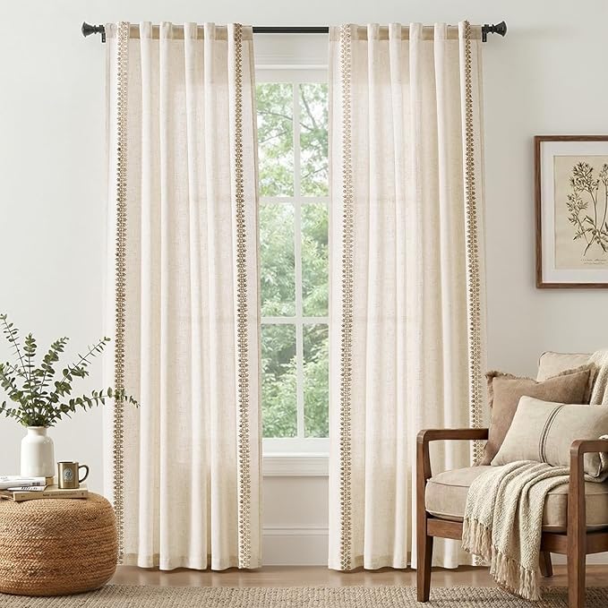 jinchan Beige Linen Blend Curtains with Woven Trim Boho Curtains 84 Inches Length 2 Panels for Living Room Bedroom Light Filtering 50 Inches Wide Rustic Farmhouse Drapes with Rod Pocket Back Tab Ecru