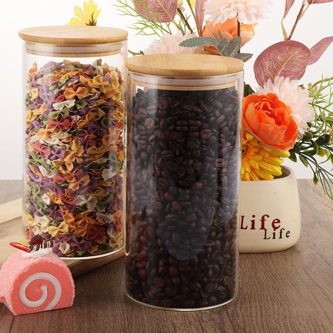 ABuff 3 Pack 44oz Glass Jars with Lids, Round Glass Storage Containers, Clear Food Storage Jars with Airtight Bamboo Lid for Dry Food Cereal Oat Sugar Tea Coffee Beans Sugar
