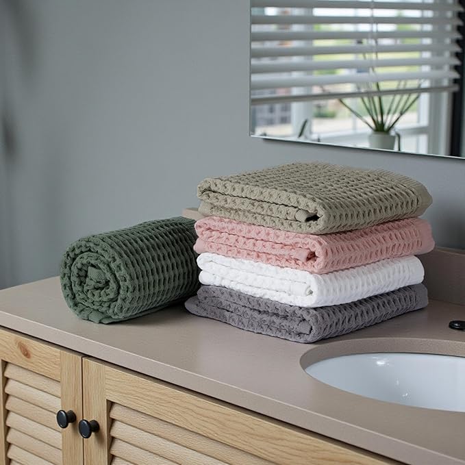 DEMMEX Organic Cotton Waffle Weave Turkish Towel Set for Bathroom, 1 Bath & 2 Large Hand Towels, 100% Oeko-TEX Certified Premium Turkish Cotton, Super Soft Lightweight Quick Dry (Beige)