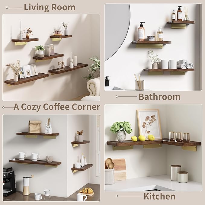 Danpoo 12 inch Floating Walnut wall Shelf, Small Wood Shelf for wall, Waterproof Wooden Shelf for Bathroom