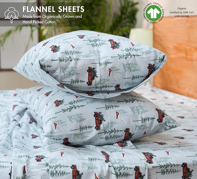 RUVANTI Flannel Sheets Queen Size - GOTS Certified 100% Organic Cotton, 4 Piece Warm, Soft & Breathable Set, Deep Pocket Snug Fit, Double Brushed Cozy All Season Bedding, Merry Miles