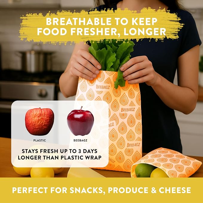 BeeBAGZ - Beeswax Wrap Storage Bag, Vegan Reusable Food Storage Bags, Pack of 2, Plastic Free Biodegradable Food Wrap Alternative, Snack Pack, 1 Small + 1 Medium, (Multicolors)