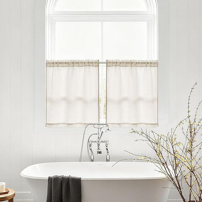 24 Inch Laundry Room Basement Window Curtains 2 Panels Natural Linen Rod Pocket Semi Sheer Light Filtering Drapes for Farmhouse Cafe Bathroom Short Curtains 24 Inches Long W34xL24