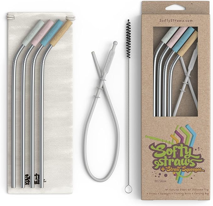 Softy Straws Premium Reusable Stainless Steel Drinking Straws With Silicone Tips + Patented Straw Cleaners and Carrying Case - 9” Long Metal With Curved Bend for 20/30/32oz Tumblers - Natural Colors