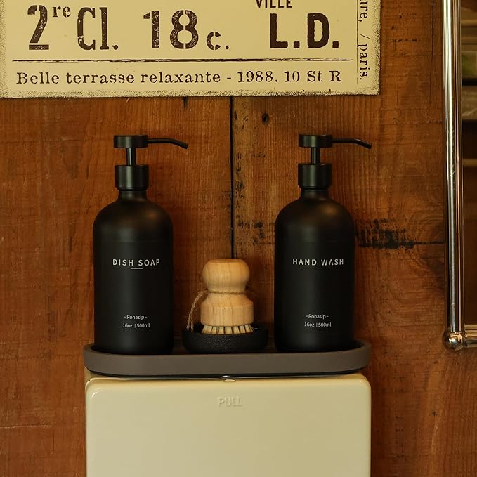 Ronasip Set of 5 Kitchen Soap Dispenser Set 16 Oz Glass Hand Dish Soap Dispenser with Stainless Steel Pump, Cement Tray, Dish Scrub Brush for Farmhouse Rustic Home Bathroom Decor (Black)