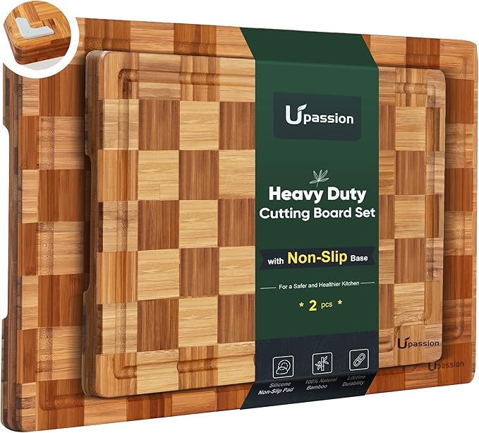 Extra Large Bamboo Cutting Boards, 2-Pack Heavy Duty Bamboo Cutting Boards Set with Juice Grooves & Non-Slip Feet –Checkered Extra Large Thick Wood Chopping Board for Meat, Fruits, Non-Toxic & Durable