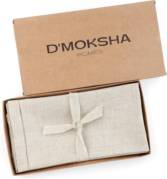 Signature Linen™ by D'Moksha Light Natural Dinner Napkins Set of 4, 20 x 20 Inch Cloth Napkins, 100% Pure Linen, Hemstitch, Machine Washable Table Napkins- Summer, Father's Day
