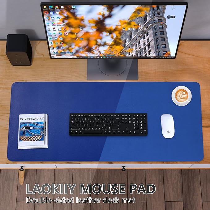 Dual-Sided Desk Pad, Large Mouse Pad - Natural Cork & PU Leather Non-Slip Waterproof Desk Mats for Office and Home (Blue, 31.5" x 15.7")