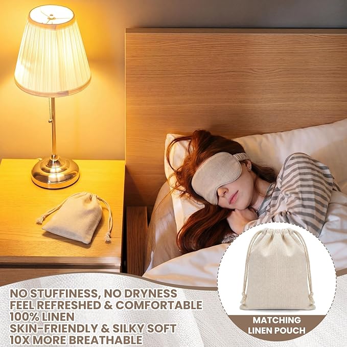 4 Pcs Pure Linen Sleep Mask with Matching Pouch Organic Cotton No Pressure Eye Cover Blackout Breathable Eye Mask with Strap for Side Sleeping Napping Business Trip Gift (Linen)