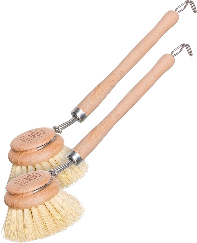 Redecker Dish Brush, Tampico Fiber, 2 Inch Round, 2 Pack – Wooden Dish Scrub Brushes for Dishes & Cookware, Untreated Beechwood, Made in Germany