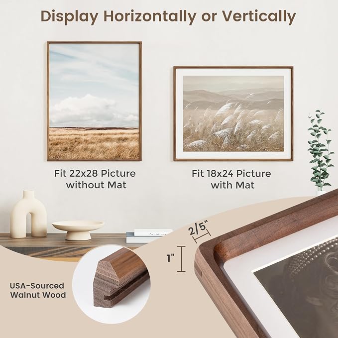 22x28 Poster Frame, USA-Sourced Walnut Wood Picture Frame with HD Tempered Glass, Handcrafted Rounded Corner 22 x 28 Wooden Frames Matted to 18x24 Photos, Horizontal or Vertical Wall Display