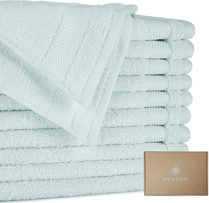 BIOWEAVES 100% Organic Cotton 700 GSM Plush Washcloths 13" x 13" GOTS Certified - Seafoam, Pack of 12