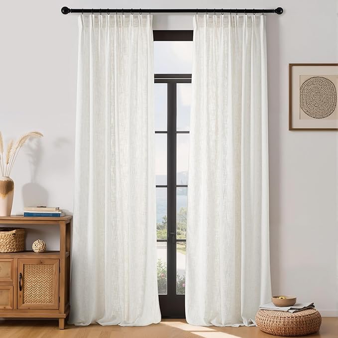 NICETOWN Thick Linen Curtains 96 Inches Long for Living Room 2 Panels Set, Back Tab/Rod Pocket with Pleat Tape Privacy Added Window Treatments for Farmhouse/Bedroom, Vanilla, W55 x L96