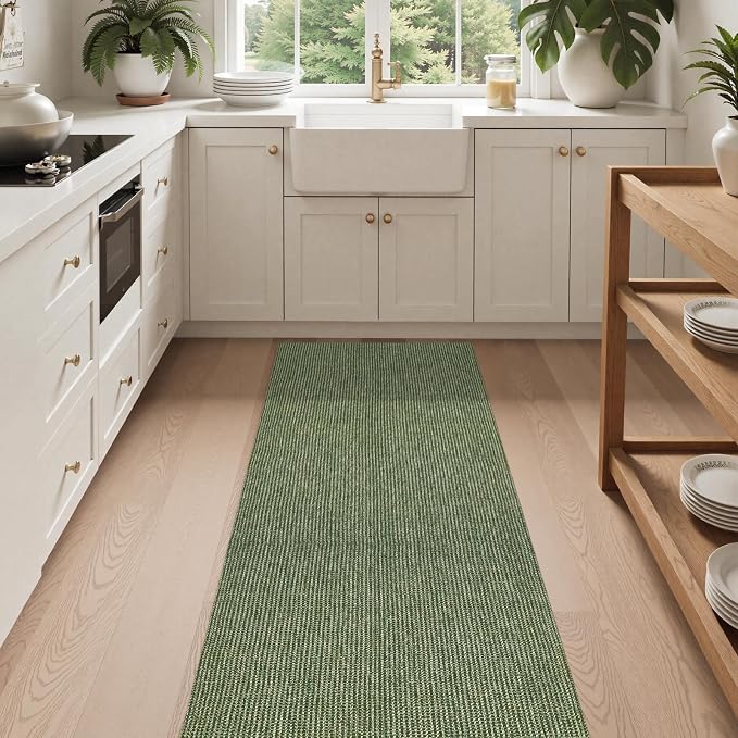 Uphome Kitchen Runner Rug, 2'6x12 Washable Boho Rug Runners for Hallways Non Slip, Low Pile Woven Cotton Modern Carpet Runners, Stain Resistant Bedroom Runner Rug for Hallway Entryway Entrance, Green