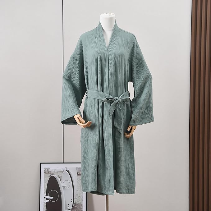 Women's Organic Cotton Bathrobe Long Sleeve Nightgowns Lightweight Waist-Tie Bath Robe for Home Spa Muslin Cotton Beach Wear