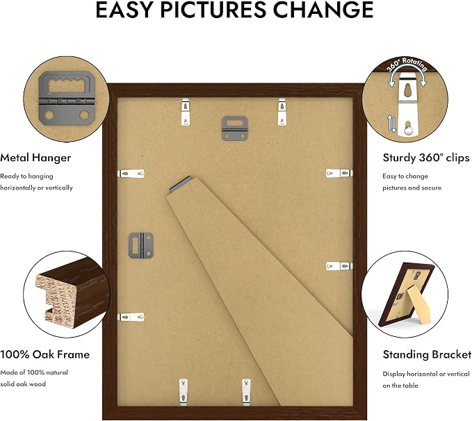 Hongkee 11x14 Oak Wood Picture Frame, Display Photos 8 x 10 with Mat or 11 x 14 without Mat - Tempered Glass Cover, Horizontal and Vertical Display for Wall or Tabletop (Walnut, Set of 1)