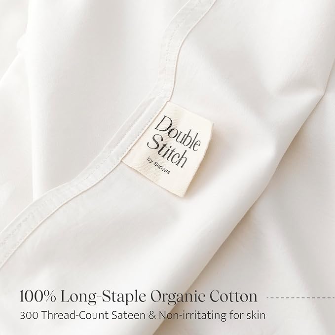 Double Stitch 100% Organic Cotton Sheets, King Size Sheets Set, GOTS Certified Long Staple Cotton Bedsheets, Luxury & Soft Hotel Bed Sheets with 16 inches Deep Pocket, Made in India Coconut Milk