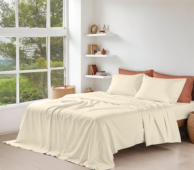 RUVANTI 100% Cotton Organic Percale Sheets Full Size – Crisp Cooling Bed Sheets for Hot Sleepers, Deep Pocket 15”, Soft Peach Finish, Breathable & Durable Hotel-Style 4 Pcs, Cloud Cream