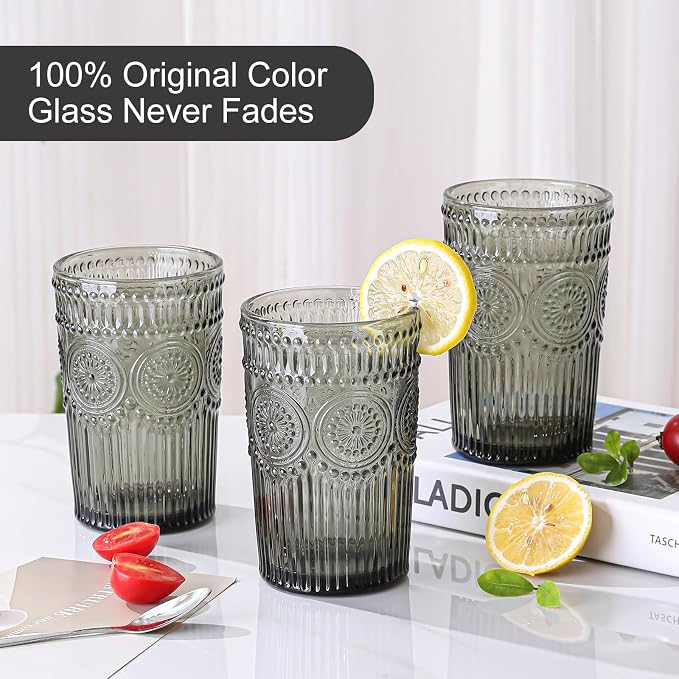 ZMOWIPDL Vintage Glassware Drinking Glasses Set of 6,13 oz Grey Textured Flower Design Glass Water Tumblers，Embossed Striped Drinkware for Water,Cocktails,Juice,Iced Coffee