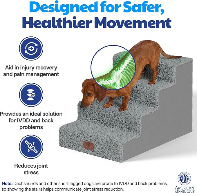 AKC – 4-Step Pet Stairs for Beds & Couch | Built for Small Dogs & Small Breeds | Long-Back & Senior Dogs | Lightweight, Soft, Non-Slip, Washable | No-Tool Assembly | Supports 35 lbs | 16x24x14.2 in