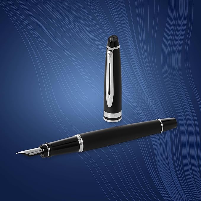 Waterman Expert Fountain Pen, Matte Black with Chrome Trim, Medium Nib with Blue Ink Cartridge, Gift Box