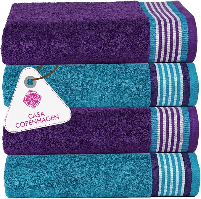 CASA COPENHAGEN He & She 4Pcs 100% Egyptian Cotton Large Designer Towels Gift Set- Indigo - Teal, 550 GSM, 55"x27", 4Bath Towels for Bathroom (Box Pack, Set for Women & Men)