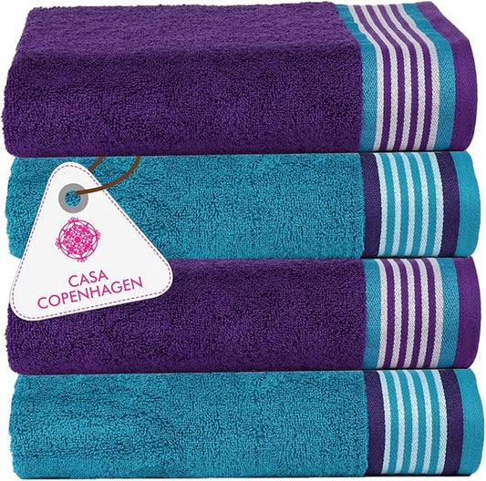 CASA COPENHAGEN He & She 4Pcs 100% Egyptian Cotton Large Designer Towels Gift Set- Indigo - Teal, 550 GSM, 55"x27", 4Bath Towels for Bathroom (Box Pack, Set for Women & Men)