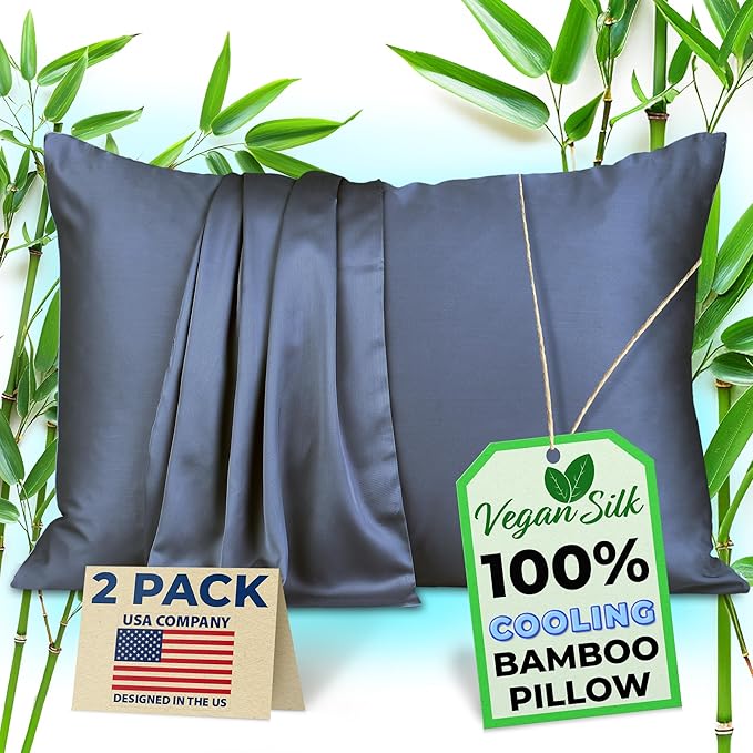 Pillow Cases - 100% Viscose Derived from Bamboo - Cooling Pillowcase - Queen Size, Navy Gray, Set of 2 Zippered - for Hot Sleepers - Soft Pillow Covers - by Vegan Silk