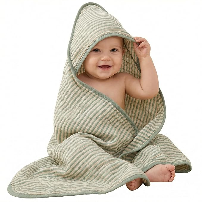 Ultra-Soft Muslin Baby Towel - 32 x 32 Inches, Ideal for Bath & Beach, Suitable for Both Boys & Girls from Newborns to Toddlers (Sage Green Stripes)