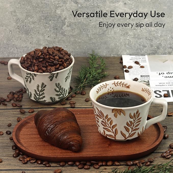 Ceramic Coffee Mug, 11 oz Small Novelty Unique Teacup with Handle, Stoneware Cup for Tea Mocha Latte Cappuccino (Set of 2, Ivy and Leaf)