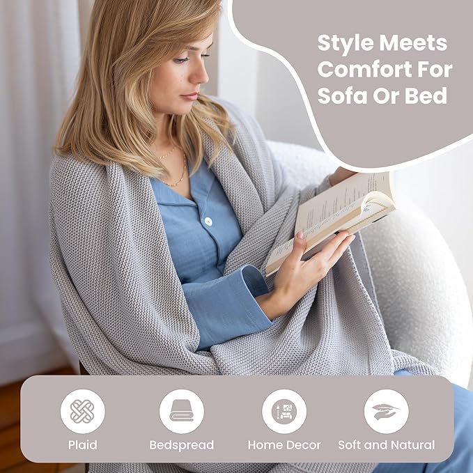 Dalisa 100% Organic Turkish Cotton Throw Blanket - GOTS Certified, Cozy - Perfect for Couch, Bed, and Home Decor - Boho Vintage Knit Alina (Harbor Mist, 60x80)