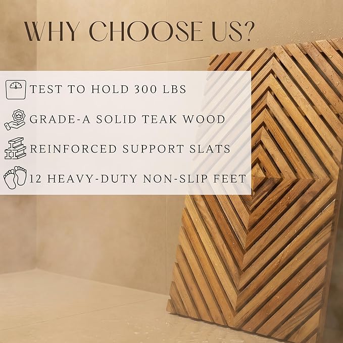PANDAWOOD Teak Shower Mat for Inside Shower 22x15 - Premium Teak Wood Bath Mat Non Slip - Wooden Shower Mat for Outdoor - Heavy Duty Teak Bathroom Floor Mat for Bathtub Sauna