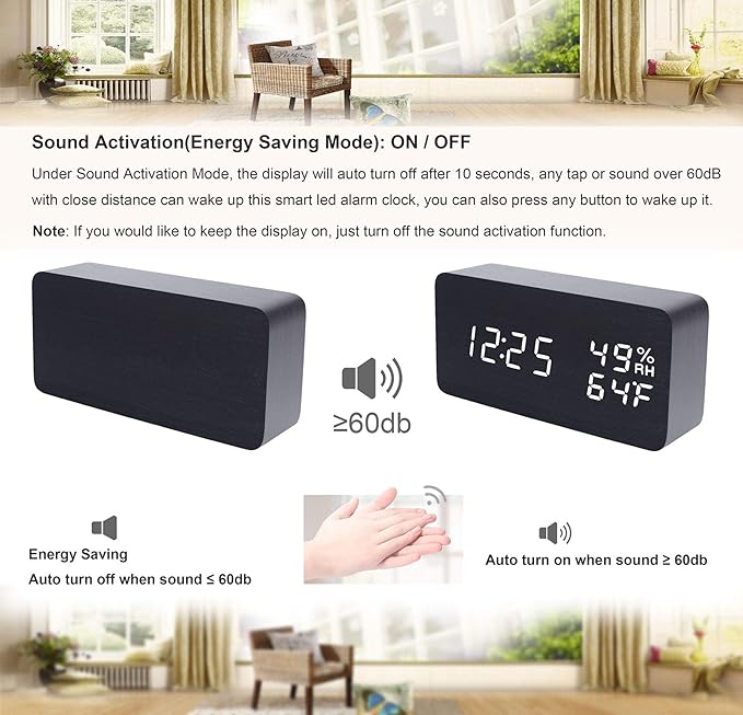 Wooden Digital Alarm Clock Modern Wood Snooze Clock Electronic Desk Clock LED Display Time Temperature Humidity Voice Control 3 Alarms 3 Brightness for Home Kids Bedroom Office Raercodia (Black,White)
