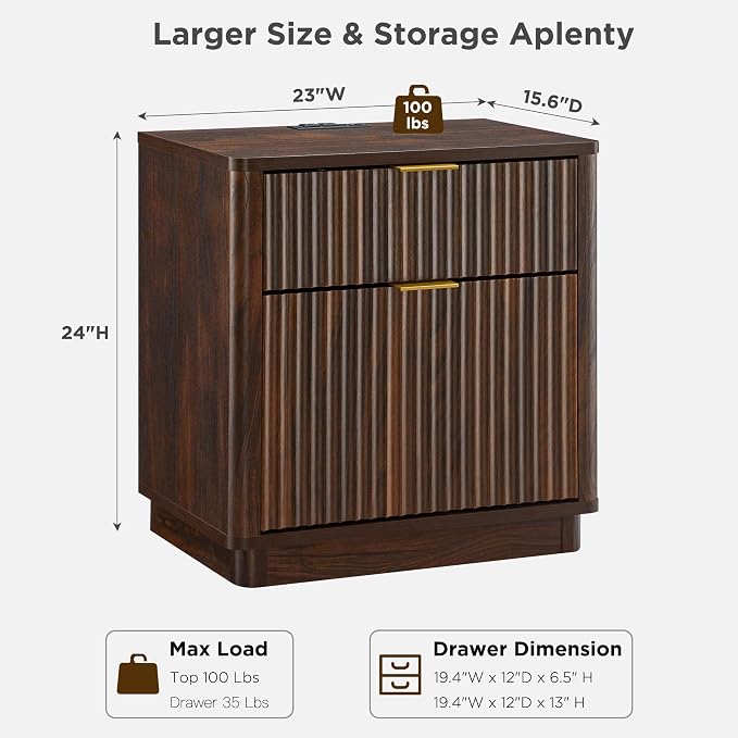 T4TREAM 23'' Fluted Nightstand Set of 2 with Charging Station, Large 2 Drawer Side Table, Modern End Table with Storage, Mid Century Bedside Table for Bedroom, Living Room, Curved Profile, Dark Walnut