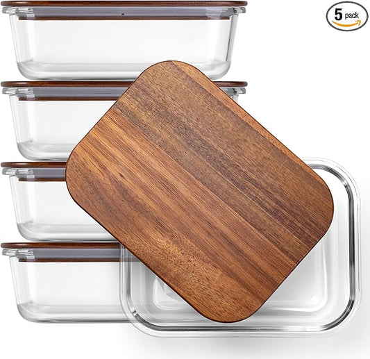 5-Piece Borosilicate Glass Food Storage Containers with Acacia Wood Lids — 35 oz Rectangular Meal Prep & Leftovers Set, Oven, Freezer & Microwave Safe, Plastic-Free