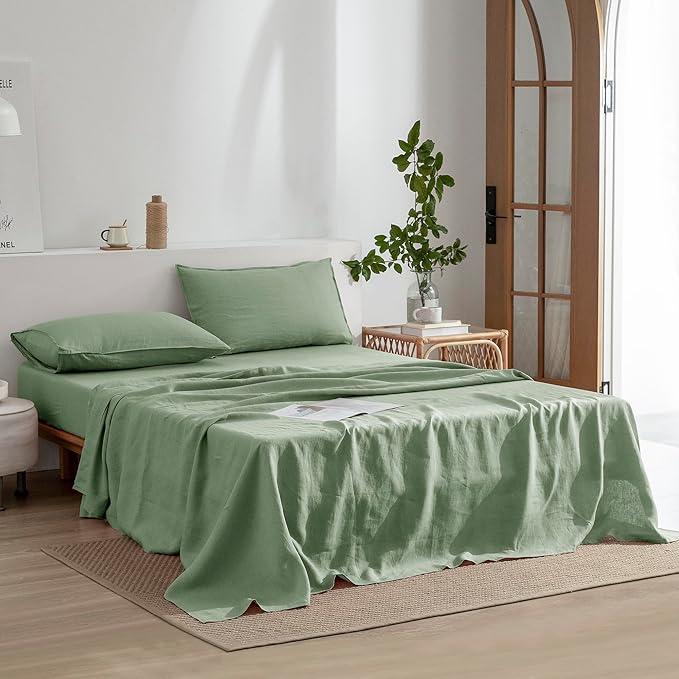 EVERLY Linen Sheets Set California King Size,100% French Stonewash Linen Sheets Set,4Pieces (1Flat Sheet,1Fitted Sheet,2Pillowcase) Suitable for Hot Sleepers Deep Pocket Natural Bedding Set-Saga Green