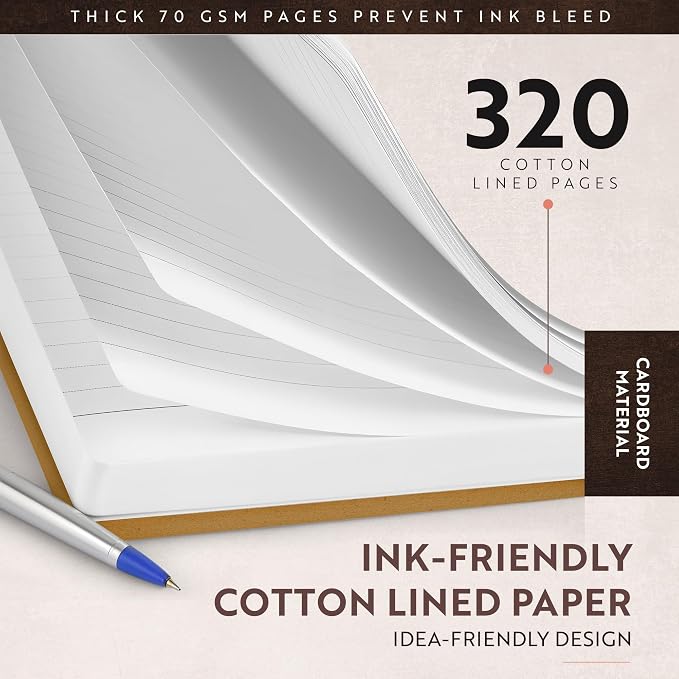 moonster Lined Paper Refill Notebooks for Refillable Leather Journal – Eco Friendly Acid-Free & Tree-Free Recycled Cotton Sheets A5 Ruled Notepad 8.25 x 5.75 Inches w/ 160 Soft Pages & Bookmark