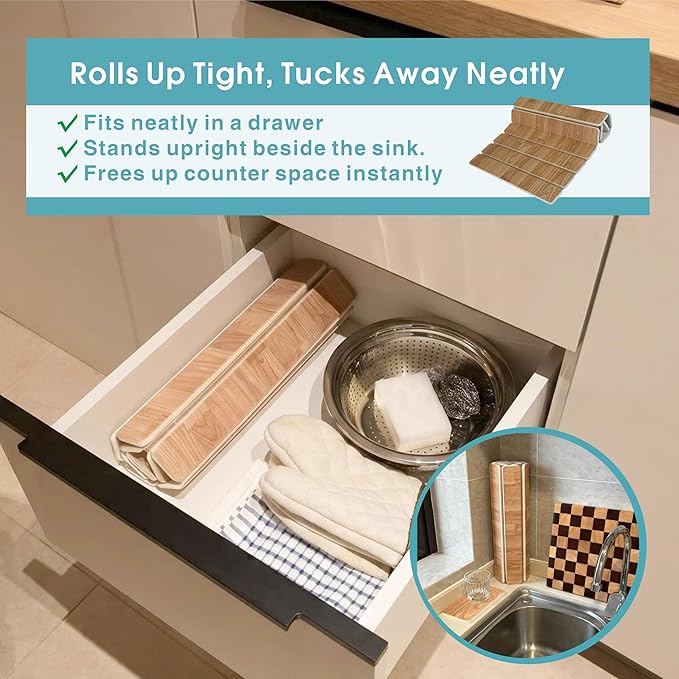 Stone Dish Drying Mat Set for Kitchen Counter, Diatomaceous Earth Quick Drying Mat (1*Large 23"×15.5" & 2*Small 7.5"×4") | Absorbent Kitchen Counter Mat for Dishes, Cups & Utensils (Wood Grain)