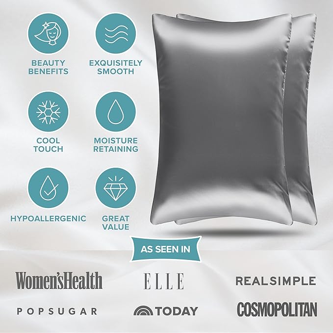 Bare Home 100% Mulberry Silk Pillowcase for Hair and Skin - Ultra Premium 6A Grade 19 Momme Silk Pillow Case - Hidden Zipper - Breathable Cooling Pillow Cover (King 2 Pack, Grey)