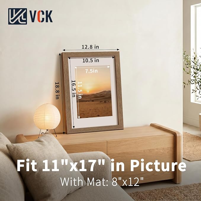 VCK 11x17 Poster Frames Walnut 3 Pack, Wide Border Wood, Tempered Glass, Display 8x12 Picture Photo with Mat or 11 x 17 Without, for Home, Office, Gallery, Woodgrain Series, Wall Hanging