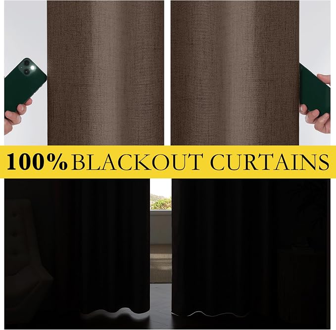 NICETOWN 100% Blackout Brown Curtains for Living Room, 52" Wide Per Panel, Set of 2, Linen Blend Thermal Insulated Curtains 84" Long, Noise Reducing Window Treatment Drapes for Home Cinema