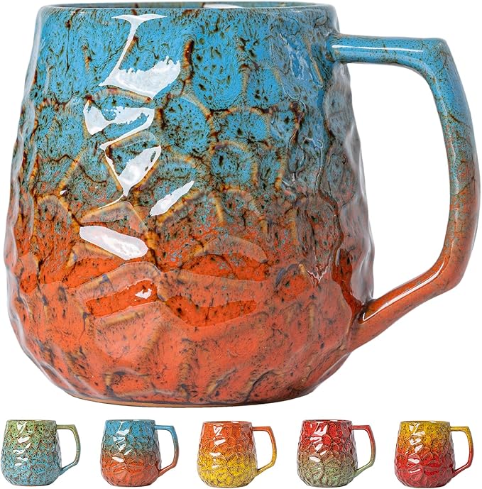 18oz Unique Blue & Orange Kiln-Change Ceramic Coffee Mug, Handcrafted Hammered Texture Ceramic Mug with Ergonomic Handle, Microwave & Dishwasher Safe, Gift for Coffee Lovers, Home Office Daily Use