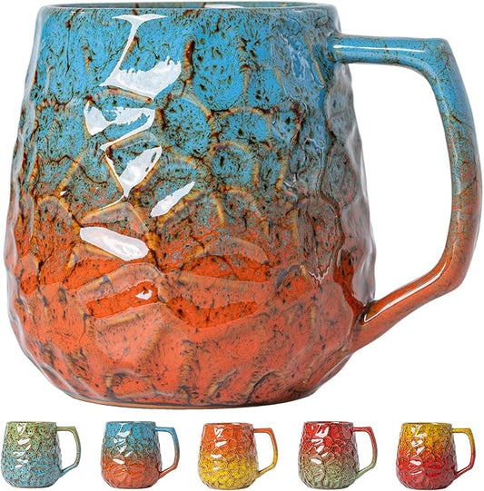 18oz Unique Blue & Orange Kiln-Change Ceramic Coffee Mug, Handcrafted Hammered Texture Ceramic Mug with Ergonomic Handle, Microwave & Dishwasher Safe, Gift for Coffee Lovers, Home Office Daily Use