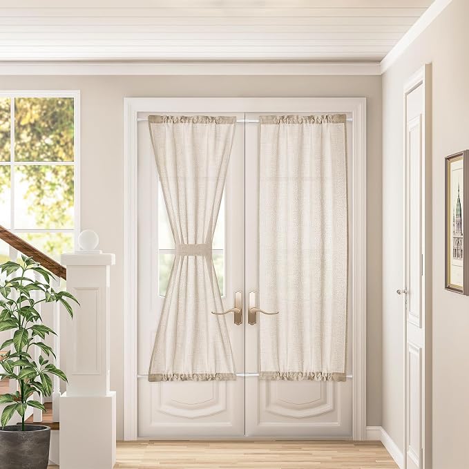 68 Inch Long Linen French Door Curtains Set of 2 Privacy Semi Sheer Sidelight Curtains for Patio Sliding Glass Door Window Curtain Farmhouse with Dual Rod Pocket and Tieback Light Coffee 25W X 68L