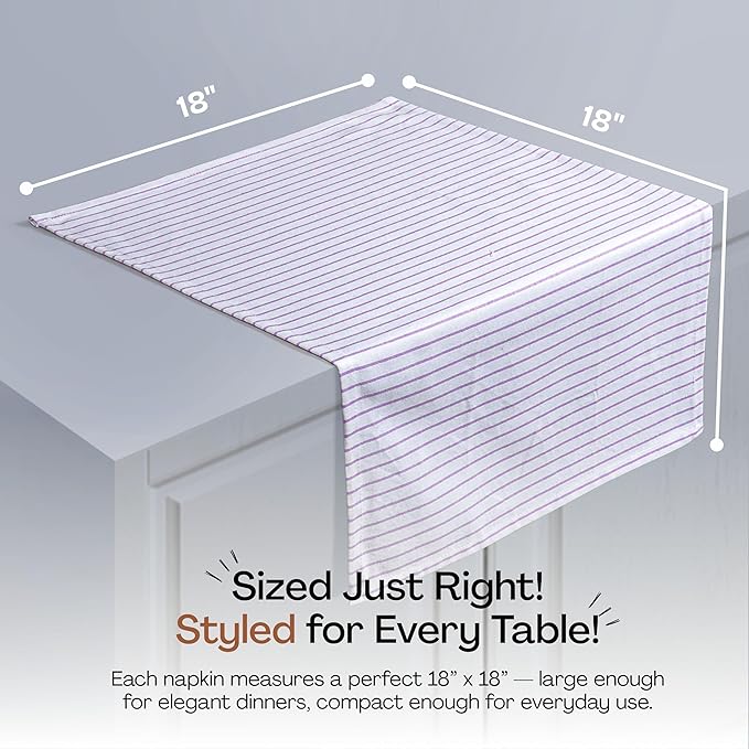 Lavender Stripe Cloth Napkins (Set of 12), Large 18 x 18 Inches, 100% Cotton, Machine Washable, Classic Striped Fabric Napkin for Luncheon, Cocktail, Celebrations, Everyday Use