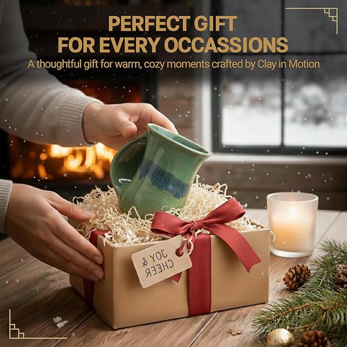 Clay in Motion Hand Warmer Coffee Mug – Handmade Coffee Mug With Comfortable Handle Contoured Pocket Hand Warming Ceramic Coffee Mug – Proudly Made in USA – Left Handed – 14 Oz - Misty Green