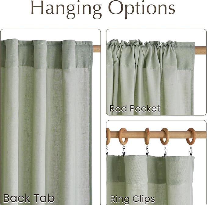 NICETOWN Thick Linen Living Room Curtains 96 inches Long, Rod Pocket & Back Tab Privacy Added Flax Window Drapes for Living Room/Farmhouse, Greyish Green, W55 x L96, 2 Panels